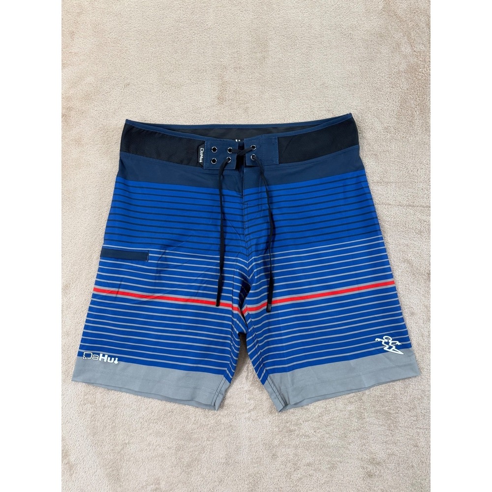 DaHui Board Shorts Mens 32 Blue Striped 4-Way Stretch Surfing Swim Trunks EUC‎